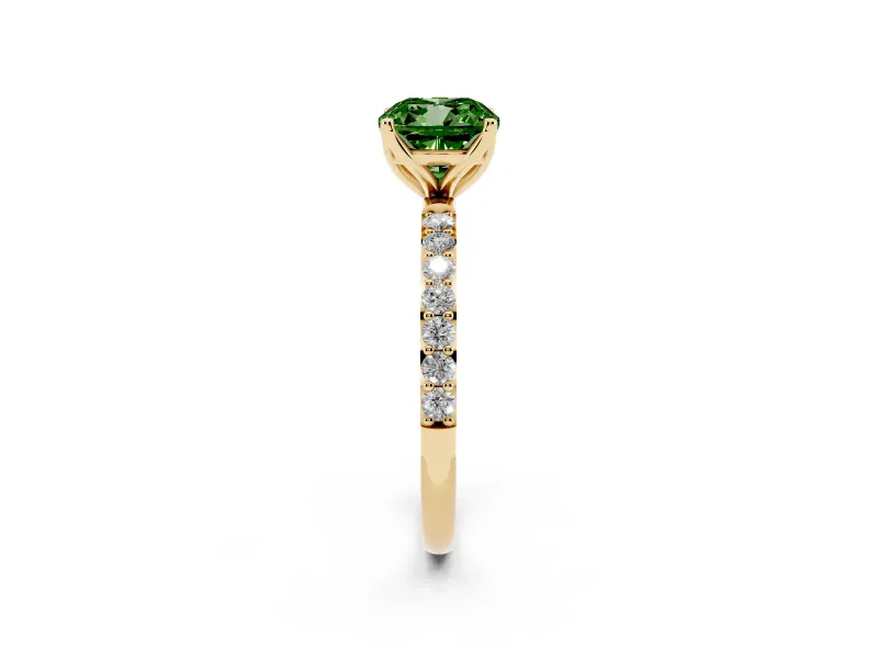 Cushion Cut Pave Solitaire Engagement Ring Setting for a Fancy Green Lab-Grown Diamond | Slim Band | Yellow Gold