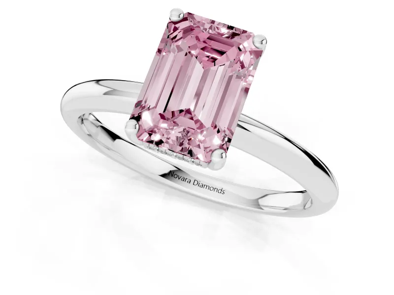 Fancy Pink Emerald Cut Diamond Solitaire Engagement Ring Set in Platinum with Prong Setting and Polished Band