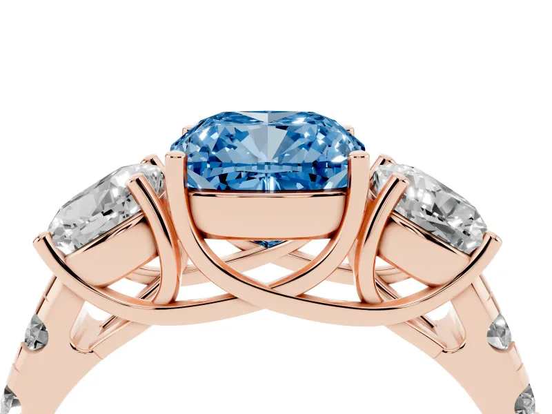 Cushion Cut Three Stone Engagement Ring Setting for a Fancy Blue Lab-Grown Diamond | Accented Shoulders | Rose Gold