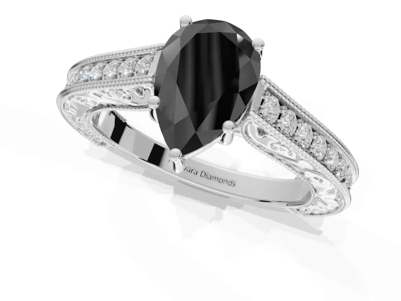 Pear-Shaped Vintage Pavé Engagement Ring Setting for a Black Center | Sterling Silver