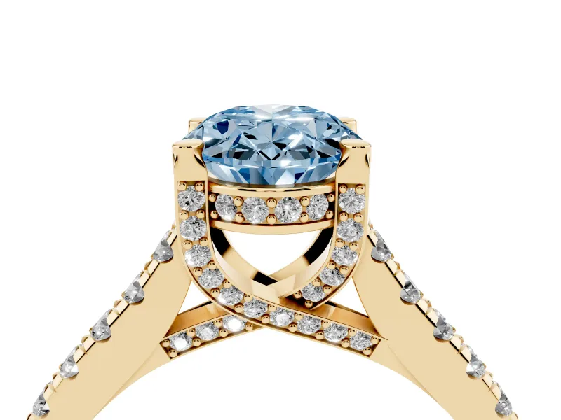 Oval Hidden Halo Pave Engagement Ring Setting for a Fancy Blue Lab-Grown Diamond | Claw Prongs | Yellow Gold