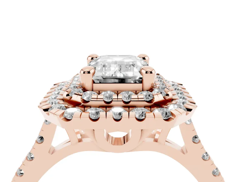 Emerald Cut Diamond Double Halo Statement Ring Set in Rose gold with Pavé Band