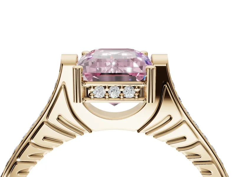 Emerald Cut Vintage Cathedral Engagement Ring Setting for a Fancy Pink Lab-Grown Diamond | Carved Band | Yellow Gold