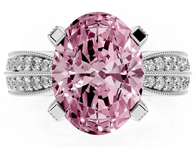 Fancy Pink Oval Cut Diamond Solitaire Ring Set in White gold with Milgrain Double Row Round Pavé Band