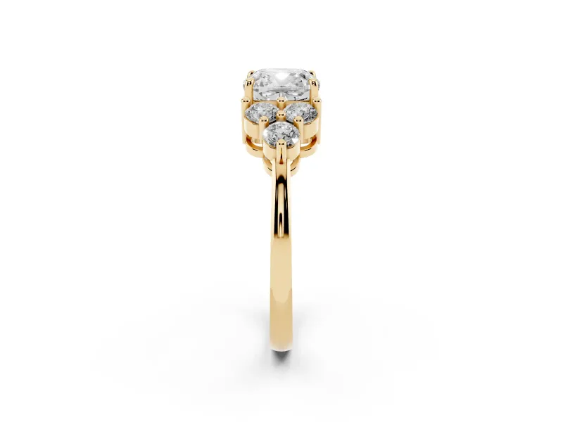 Cushion Cut Cluster Side Stone Engagement Ring Setting | Plain Band | Yellow Gold