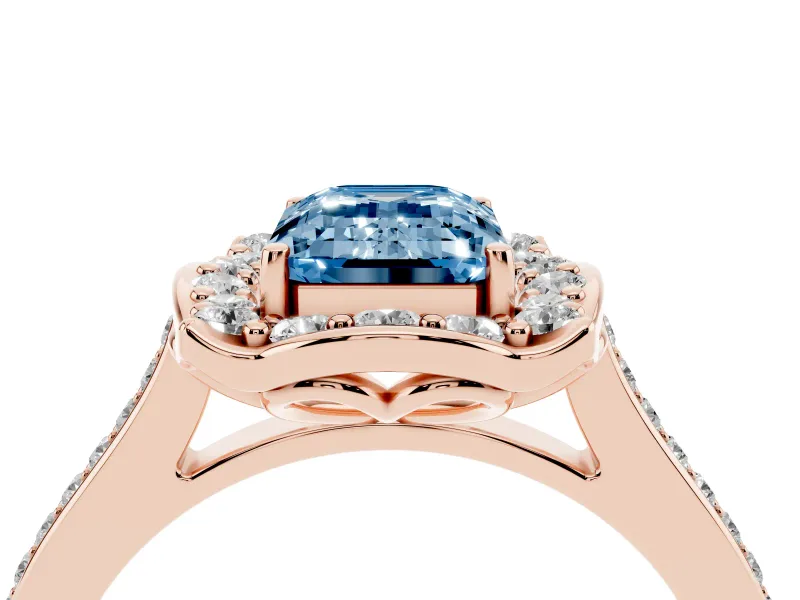 Emerald Cut Halo Engagement Ring Setting for a Fancy Blue Lab-Grown Diamond | Petal Tips | Rose Gold
