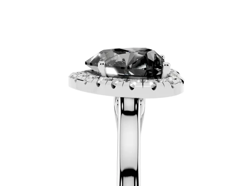 Fancy Black Heart Cut Halo Round Diamond Solitaire Ring Set in Platinum with Pavé Band and Prong Setting