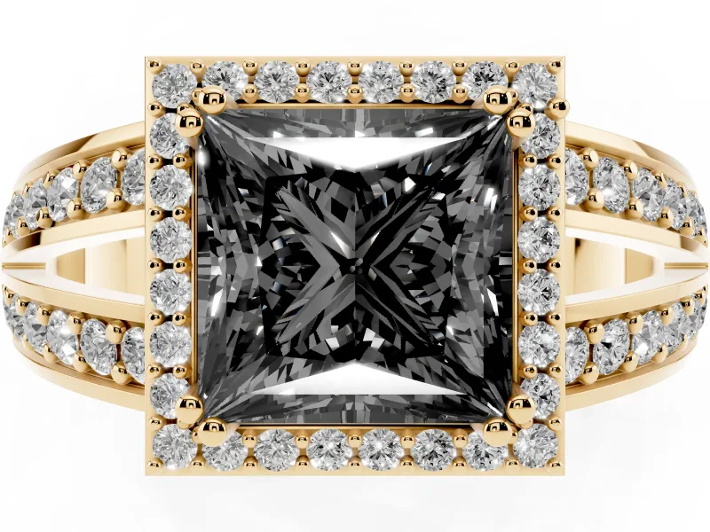 Princess Cut Halo Engagement Ring Setting for a Black Center | Pavé Split Shank | Yellow Gold