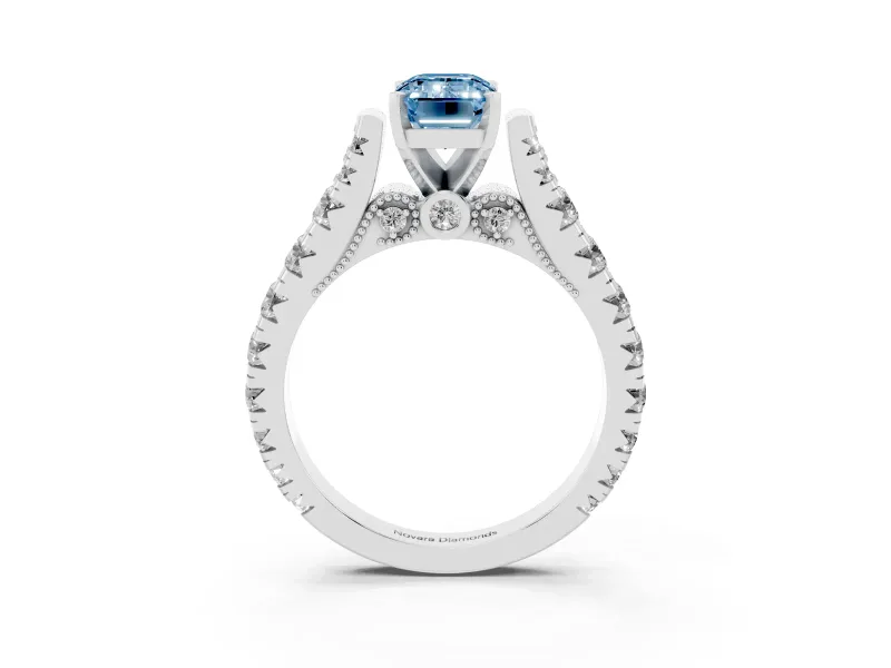 Fancy Blue Emerald Cut Diamond Classic Solitaire Ring Set in Silver with Pavé Band and Prong Setting
