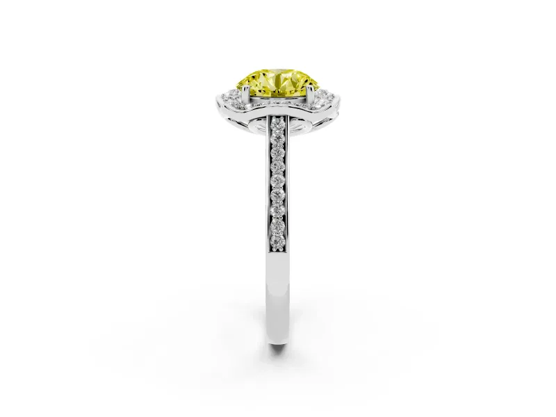 Round Halo Engagement Ring Setting for a Fancy Yellow Lab-Grown Diamond | Petal Tips | White Gold