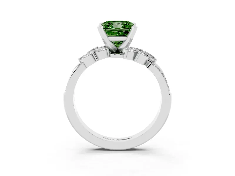 Fancy Green Princess Cut Diamond Solitaire Ring Set in Silver with Marquise Twist Band and Prong Setting