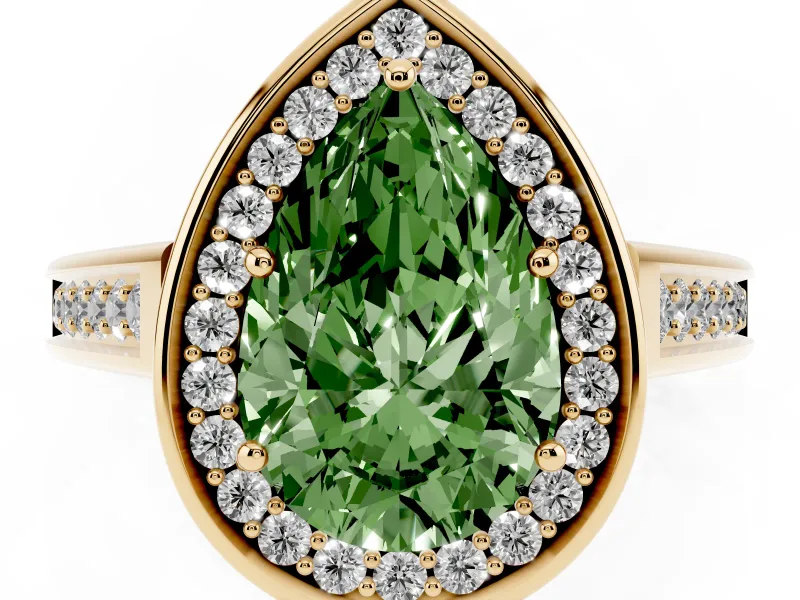 Fancy Green Pear Cut Diamond Halo Solitaire Ring Set in Yellow gold with Pavé Band and Bezel Setting
