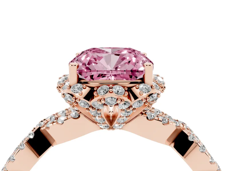 Cushion Cut Milgrain Halo Engagement Ring Setting for a Fancy Pink Lab-Grown Diamond | Graduated Shoulders | Rose Gold