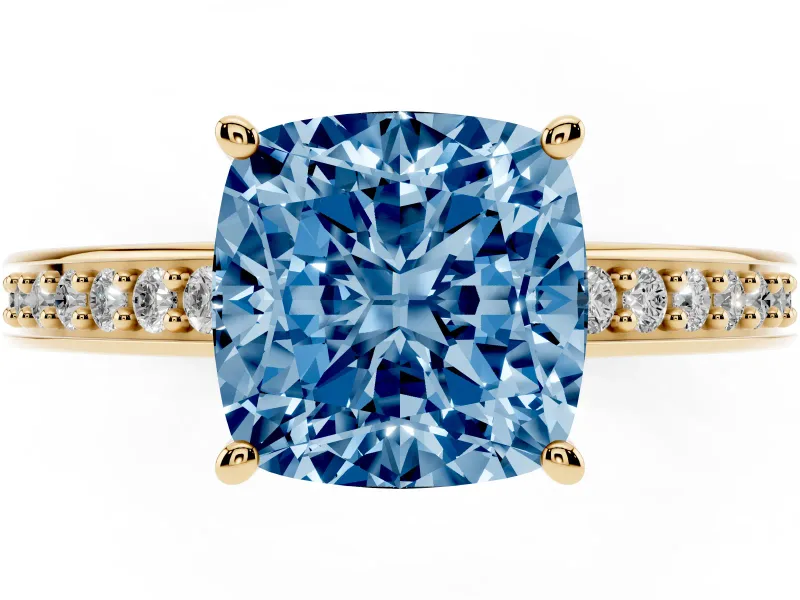 Cushion Cut Pave Solitaire Engagement Ring Setting for a Fancy Blue Lab-Grown Diamond | Accented Basket | Yellow Gold