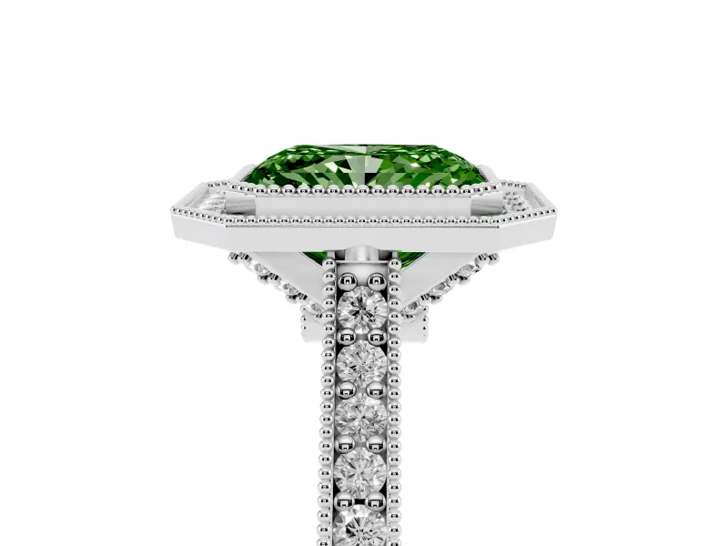 Radiant Cut Vintage Milgrain Halo Engagement Ring Setting for a Fancy Green Lab-Grown Diamond | Bezel Head | White Gold