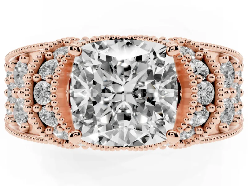 Cushion Cut Vintage Milgrain Pave Engagement Ring Setting | Crescent Side Rows | Rose Gold