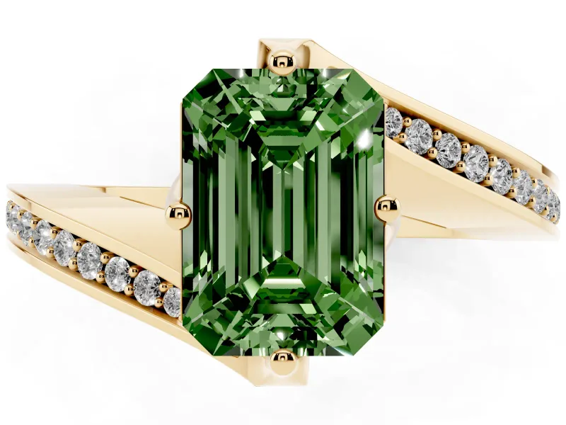 Emerald Cut Bypass Pavé Engagement Ring Setting for a Fancy Green Lab-Grown Diamond | Swept Shoulders | Yellow Gold