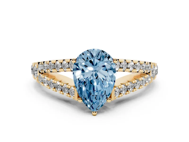 Fancy Blue Pear Cut Diamond Split Shank Pavé Engagement Ring Set in Yellow gold with Prong-Held Center Stone