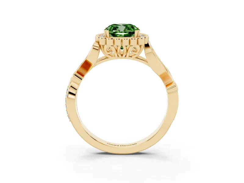 Cushion Cut Leaf Halo Engagement Ring Setting for a Fancy Green Lab-Grown Diamond | Yellow Gold