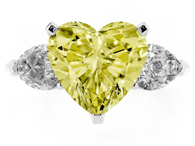 Fancy Yellow Three-Stone Heart Cut Diamond Ring Set in White gold with Pear Side Stones and Prong Setting