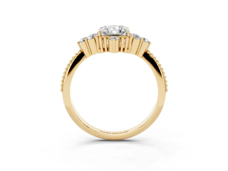Radiant Cut Diamond Cluster Ring Set in Yellow gold with Beaded Band