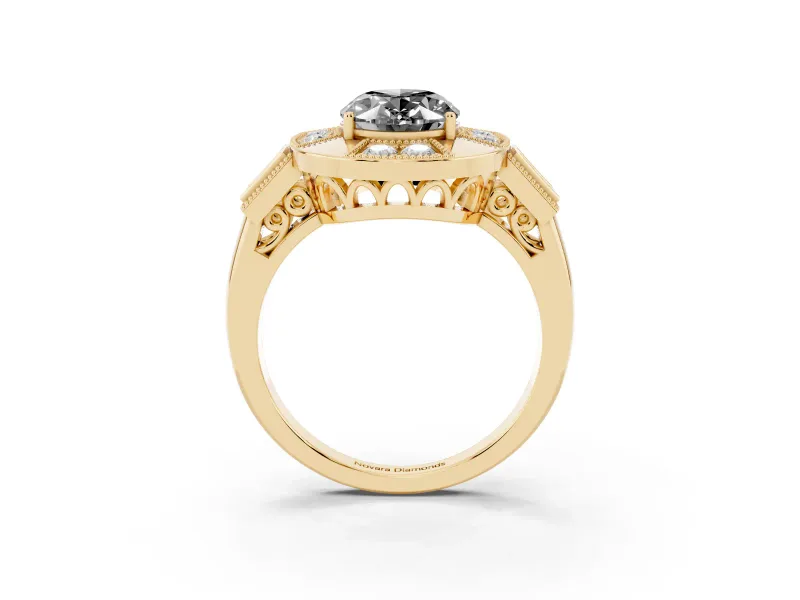 Fancy Black Oval Cut Diamond Milgrain Halo Ring Set in Yellow gold with Split Shank