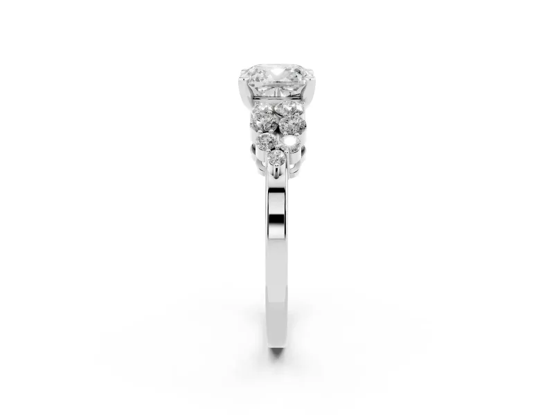 Cushion Cut Diamond Cluster Engagement Ring Set in Silver with Pavé Band and Prong Setting