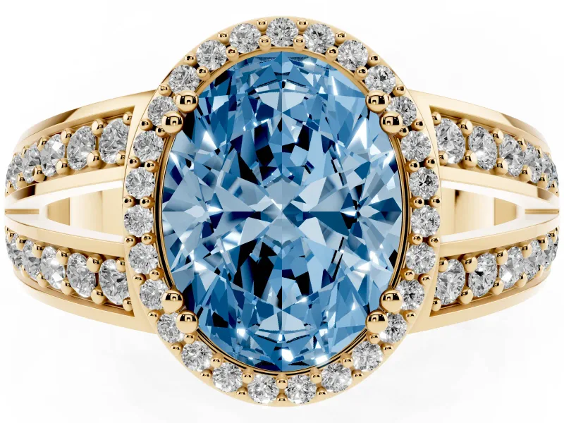Oval Halo Engagement Ring Setting for a Fancy Blue Lab-Grown Diamond | Split Shank | Yellow Gold