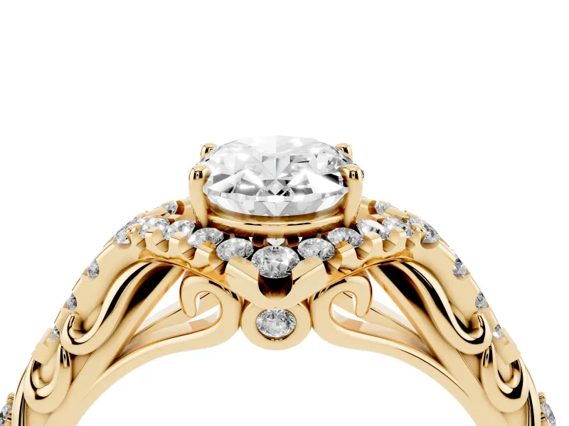 Oval Hidden Halo Filigree Engagement Ring Setting | Pavé Shoulders | Yellow Gold