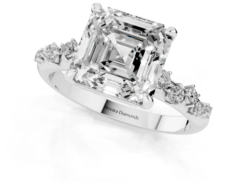 Asscher Cut Diamond Solitaire Vine Band Ring Set in Silver with Round Accents and Prong Setting