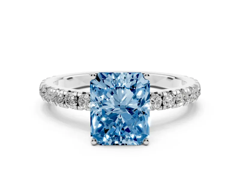 Fancy Blue Radiant Cut Diamond Pavé Solitaire Engagement Ring Set in Silver with Prong Setting