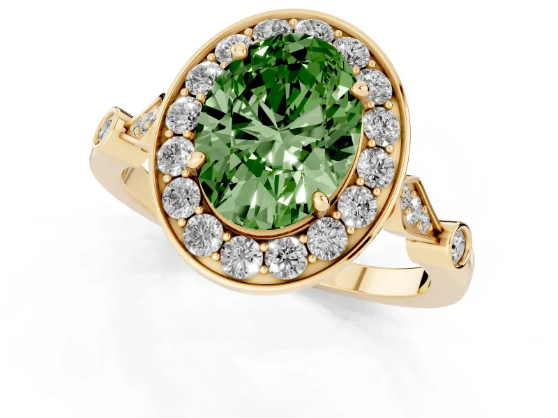Oval Halo Engagement Ring Setting for a Fancy Green Lab-Grown Diamond | Bezel Stations | Yellow Gold