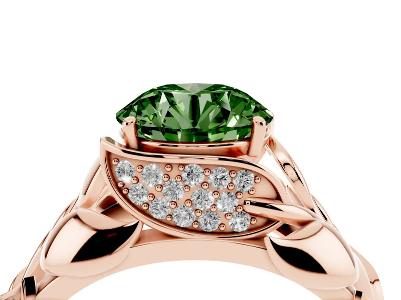 Fancy Green Round Cut Diamond Leaf-Inspired Engagement Ring Set in Rose gold with Round Accents