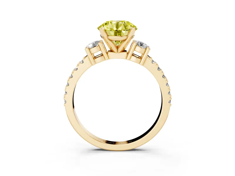 Fancy Yellow Three-Stone Round Cut Diamond Pavé Band Ring Set in Yellow gold with Prong Setting