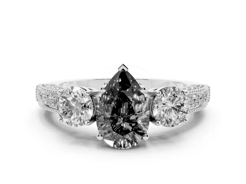 Fancy Black Pear Cut Diamond Three-Stone Ring Set in Platinum with Round Side Stones and Pavé Band