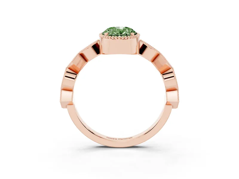 Fancy Green Oval Cut Diamond Milgrain Marquise Twist Band Ring Set in Rose gold with Prong Setting