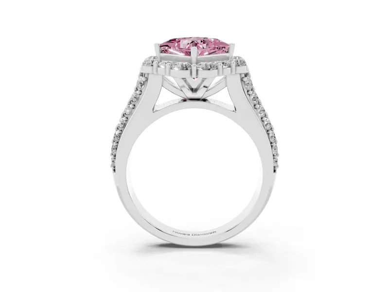 Fancy Pink Princess Cut Diamond Halo Engagement Ring Set in White gold with Split Shank and Prong Setting
