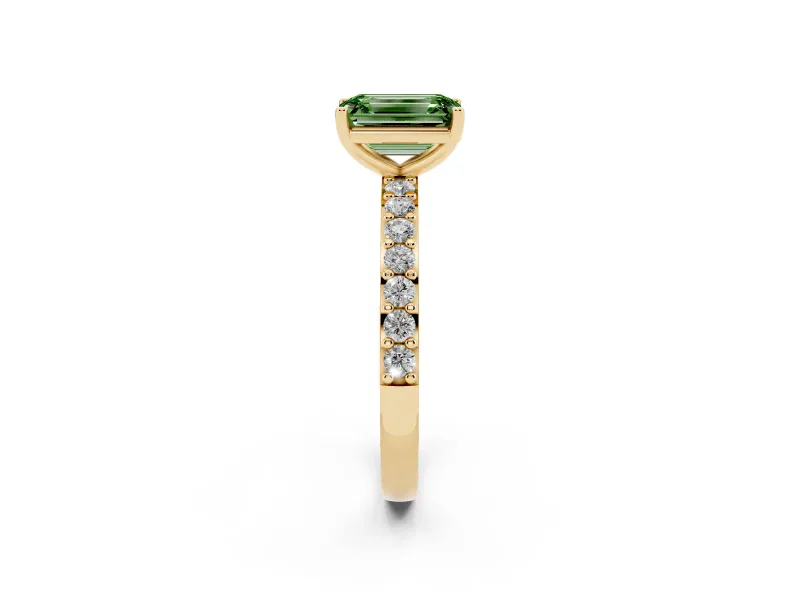 Emerald Cut Pavé Solitaire Engagement Ring Setting for a Fancy Green Lab-Grown Diamond | Single Row Band | Yellow Gold