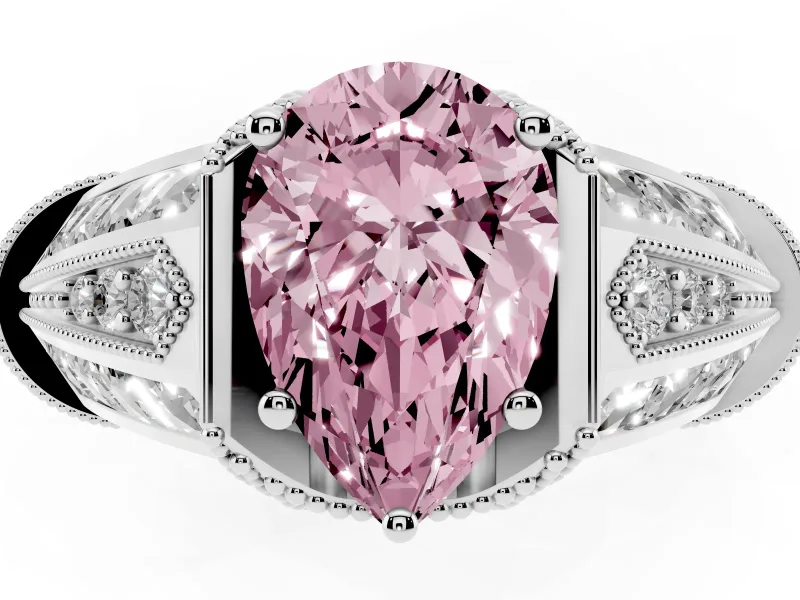 Fancy Pink Pear Cut Diamond Vintage-Inspired Milgrain Ring Set in Silver with Accent Split Shank