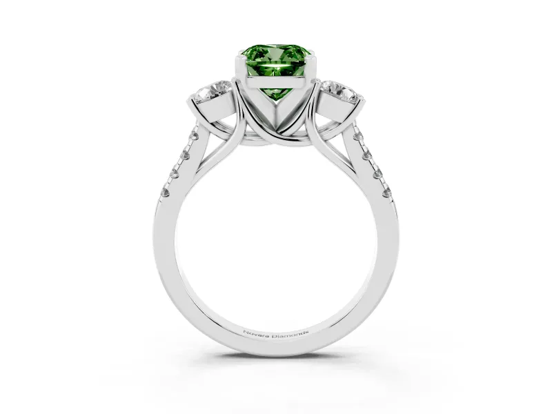 Fancy Green Three-Stone Cushion Cut Diamond Pavé Band Ring Set in Silver with Prong-Set Trio