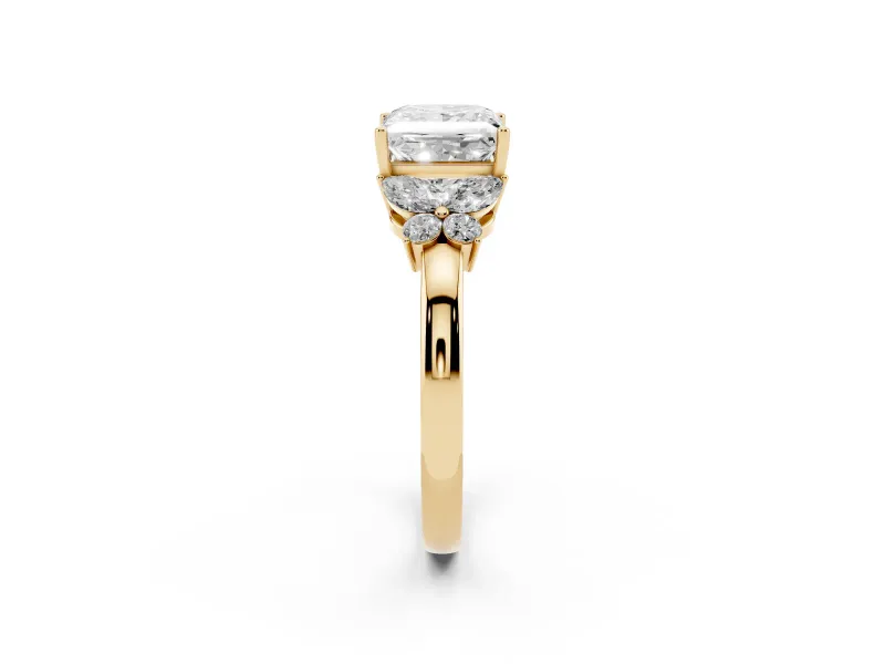 Princess Cut Diamond Solitaire Floral Ring Set in Yellow gold with Marquise Petals and Prong Setting