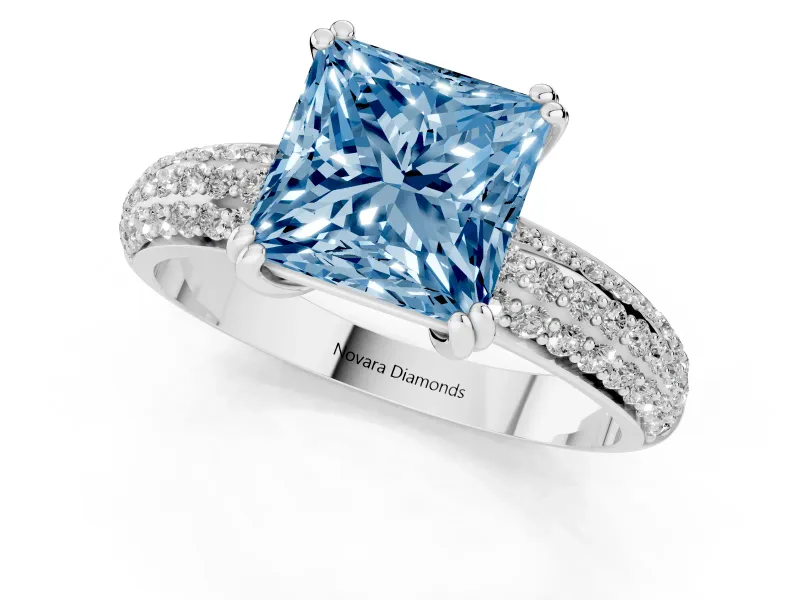 Princess Cut Three Row Pave Engagement Ring Setting for a Fancy Blue Lab-Grown Diamond | White Gold