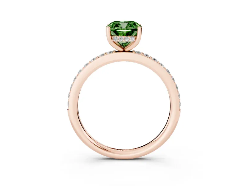Fancy Green Cushion Cut Diamond Pavé Band Ring Set in Rose gold with Prong-Set Center Stone