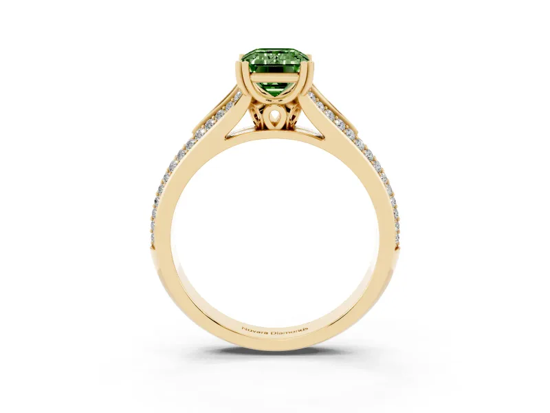 Emerald Cut Split Shank Engagement Ring Setting for a Fancy Green Lab-Grown Diamond | Pave Band | Yellow Gold