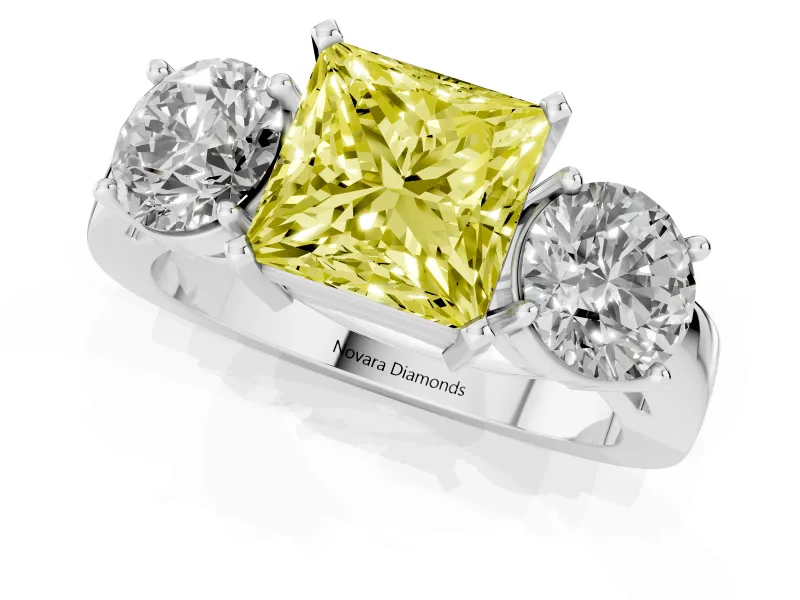 Princess Cut Three Stone Engagement Ring Setting for a Fancy Yellow Lab-Grown Diamond | Wide Plain Band | Platinum