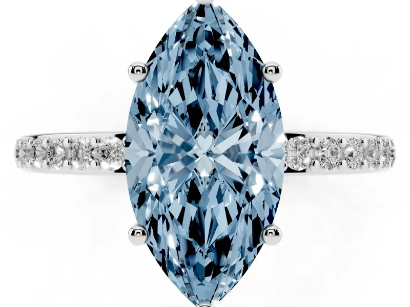 Fancy Blue Marquise Cut Diamond Pavé Band Ring Set in Platinum with Prong-Set Center Stone
