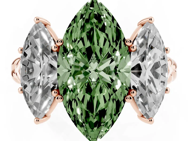 Fancy Green Marquise Cut Diamond Three-Stone Ring Set in Rose gold with Braided Band