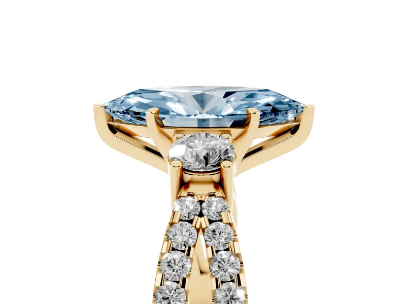 Fancy Blue Marquise Cut Diamond Three-Stone Ring Set in Yellow gold with Pavé Split Shank and Prong Setting