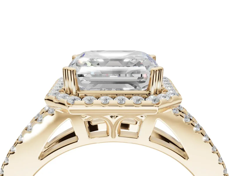 Asscher Cut Halo Split Shank Engagement Ring Setting | Pavé Shoulders | Yellow Gold