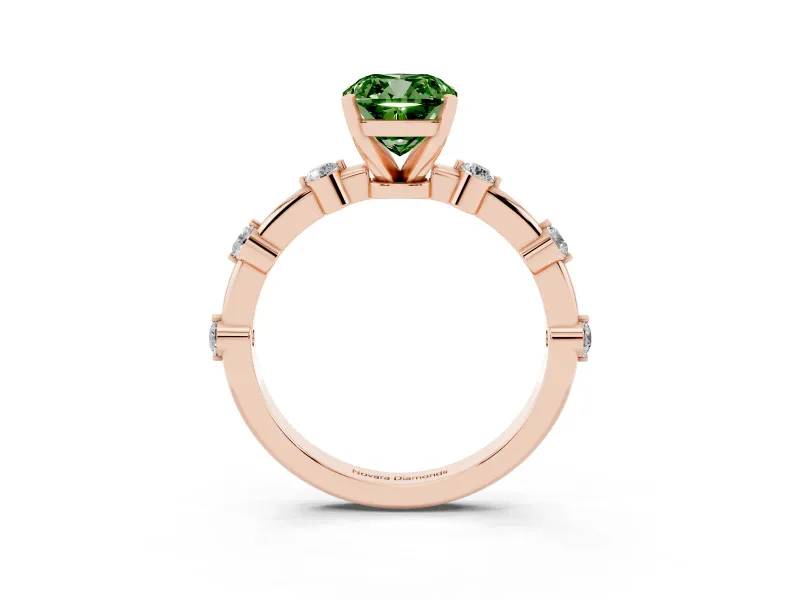 Fancy Green Cushion Cut Diamond Solitaire Ring Set in Rose gold with Bezel Set Side Stones and Prong Setting